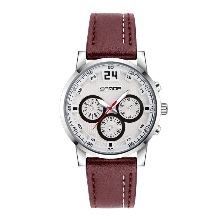 SANDA 5009 Business Fashion Three Eye Six Needle Casual Leather Waterproof Men Quartz Watch